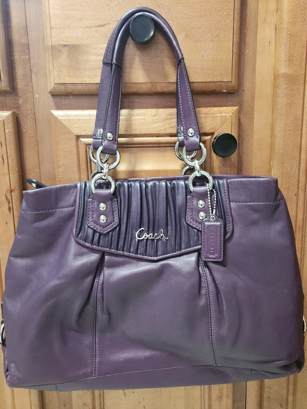 Coach Plum Leather Pleated Tote with Silver Hardware
